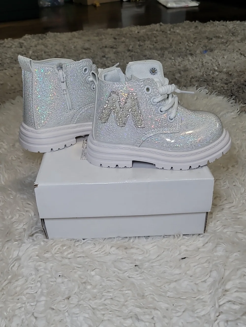 Sparkle White Kids Lace-Up Ankle Boots with Side Zip
